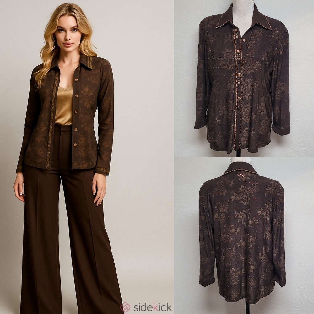60s Vintage Brown Floral Embroider Sequin Contrast Stitched Dagger Collar Blouse